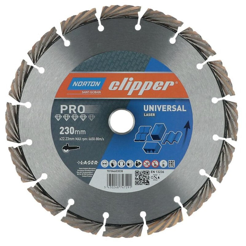 Pro Universal Laser diamond disc diameter 230mm, bore 22.23mm segment height 12mm thickness 3mm. DIAYTAR NIGERIA makes quality accessible with our affordable prices and dependable delivery service.